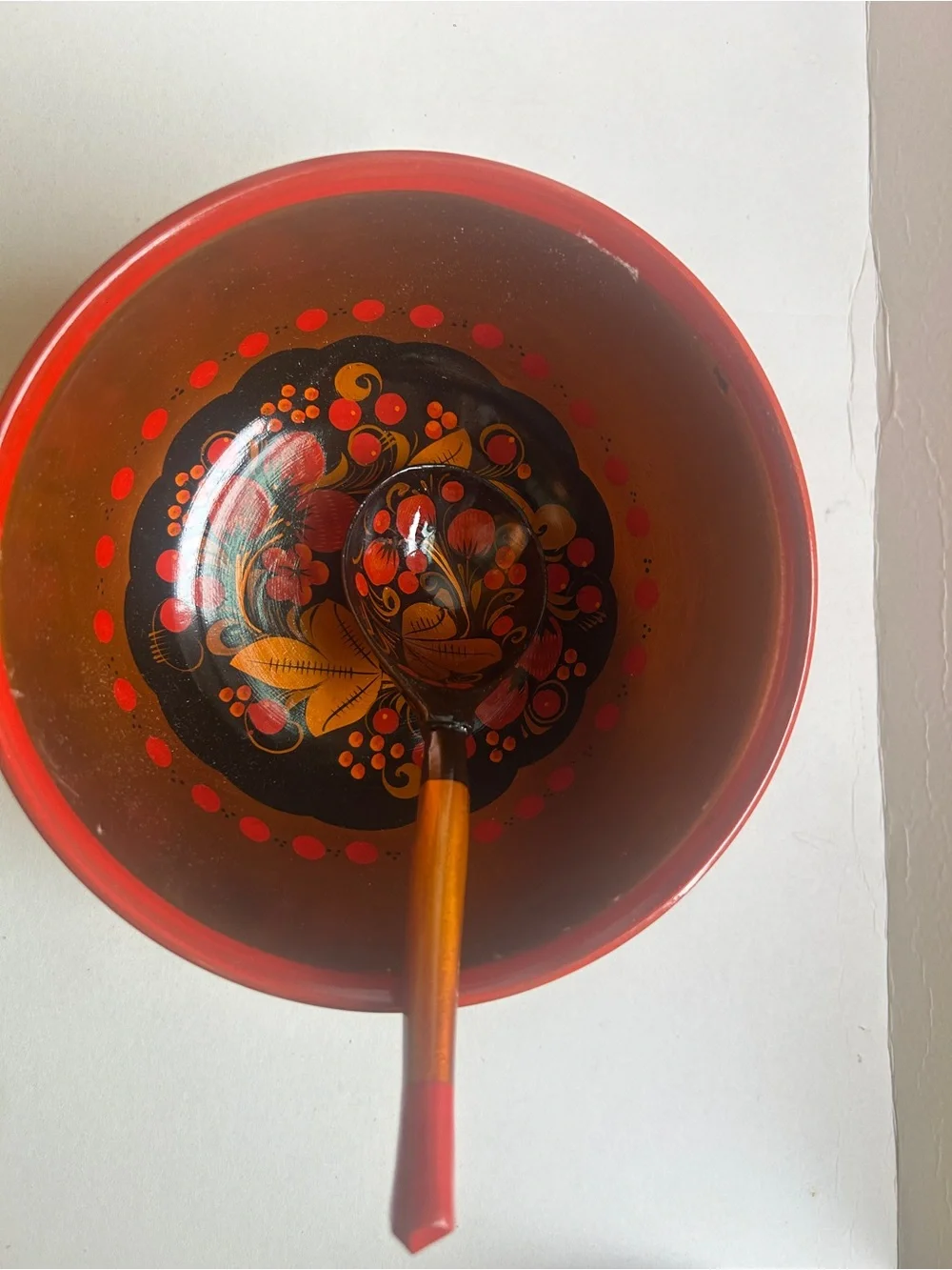 Hand-Painted Red and Black Decorative Serving Bowl with Spoon